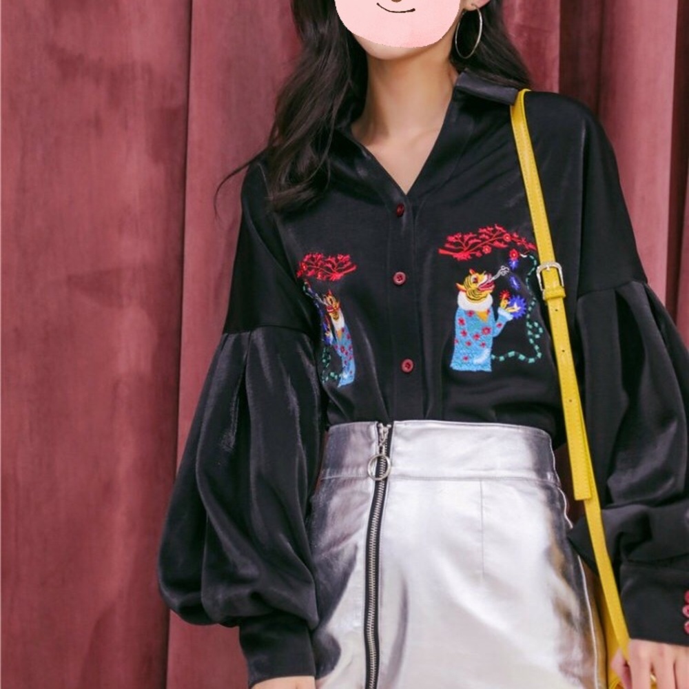 Black vintage blouse with puff sleeves